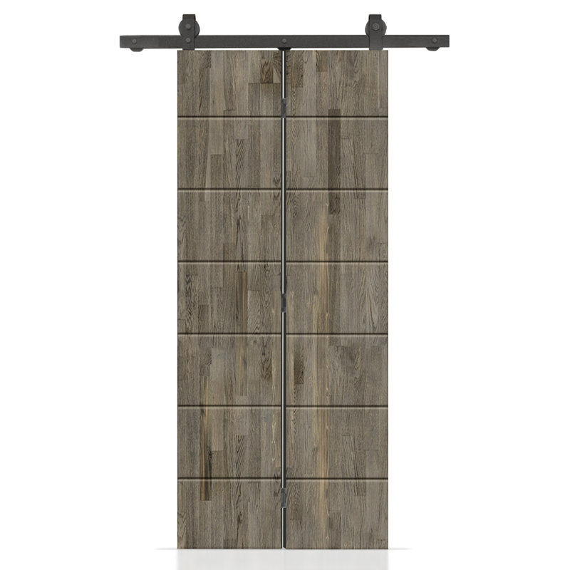 Porte de grange pliante en bois de pin avec quincaillerie coulissante, Gris patiné, 26 po x 84 po