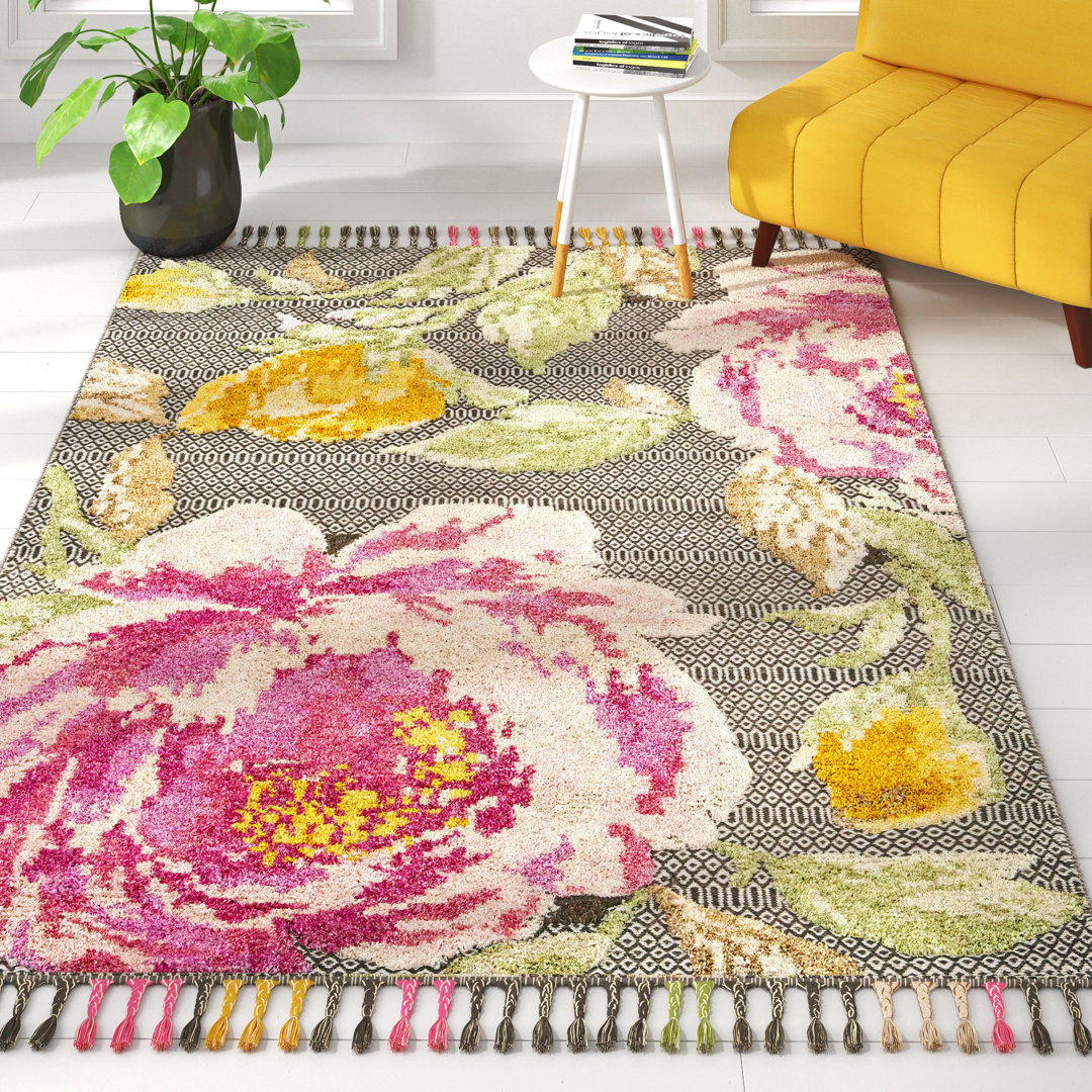 Madhava Hand Knotted Wool/Cotton Floral Rug in Black/Yellow/Pink Canora Grey Rug 