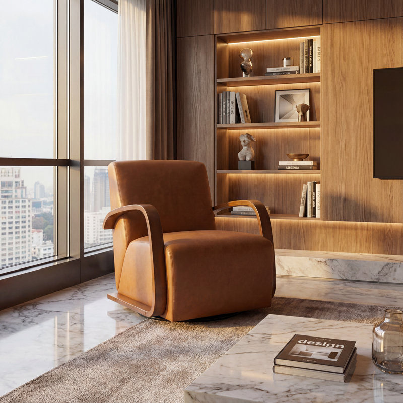 Modern Swivel Accent Chair with Bentwood Arms, Brown