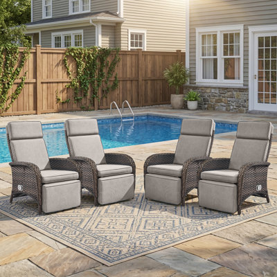Luxueux fauteuil d'extérieur inclinable en osier PE de 4 pièces, fauteuil de patio inclinable réglable avec repose-pieds escamotable, coussins de siège profonds et appui-tête ergonomique, fauteuil en rotin toutes saisons pour bord de piscine, jardin, terrasse
