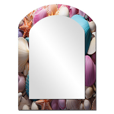 Beach Photo Seashell Beauty VI - Coastal Arch Wall Mirror, Purple Asymmetrical Decorative Mirror, Printed Metal Art