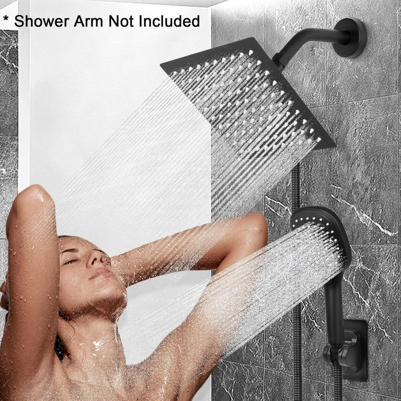 Ensemble de pomme de douche à pluie noire 8 po avec boyau, haute pression et 3 réglages à main