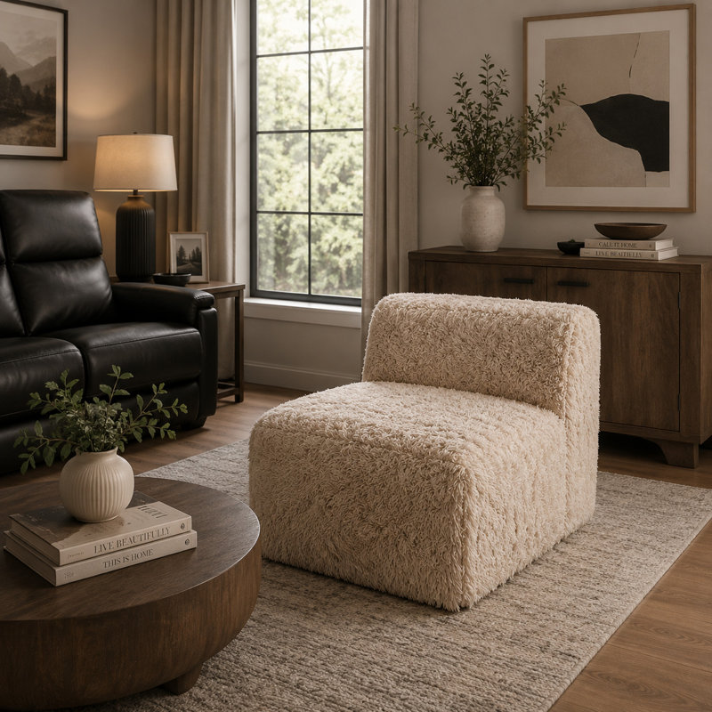 Fauteuil sans accoudoirs Appi, Sand Beige Faux Fur