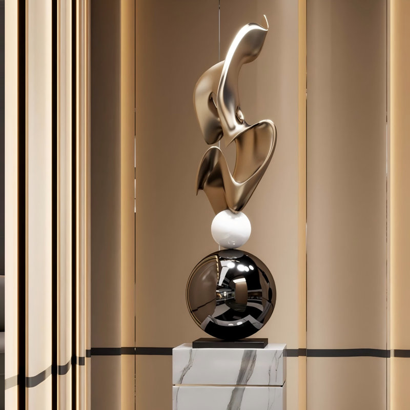 31.5"Modern Geometric Electroplated Art Sculpture, White/Gold/Black