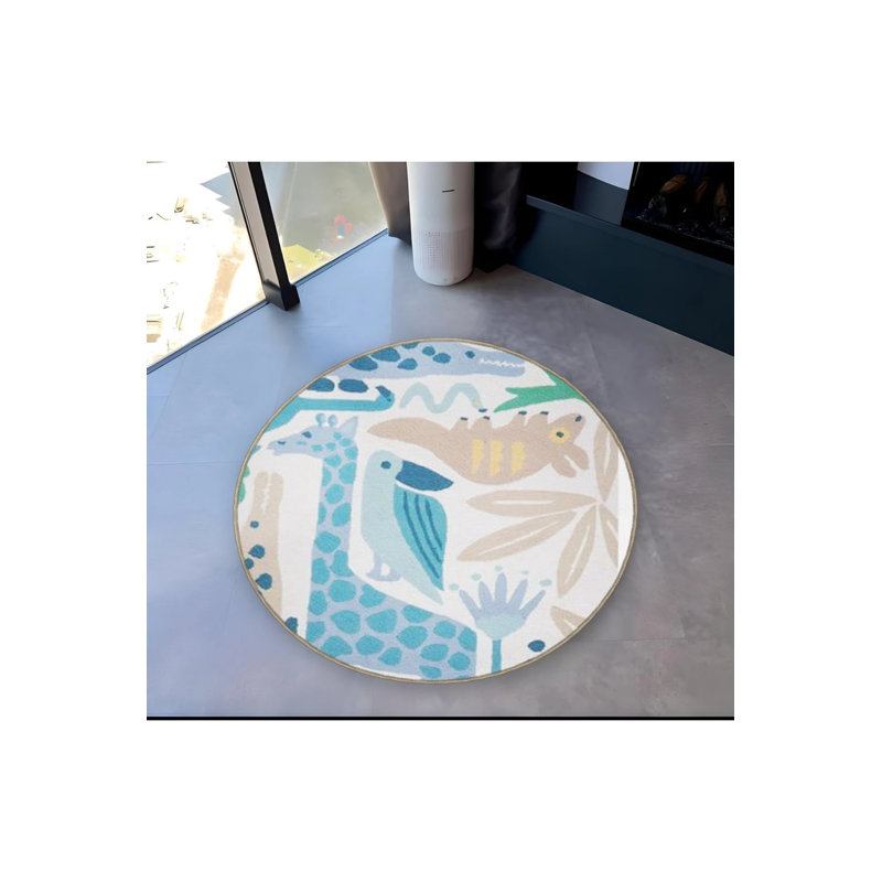 Woven Base Modern Decorative Carpet With Crocodile And Giraffe Bird Details In Blue And Beige Tones, Round 3'4"