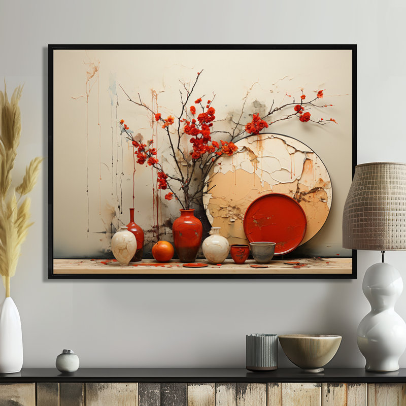 Vase rouge fleurs rouges séchées, H 30 po x l 40 po x P 1,5 po, Toile avec cadre flottant noir