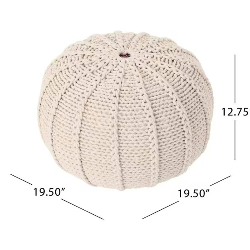Pouf rond en coton fabriqué à la main beige, dimensions de 19,5 po, limite de 250 livres, sans assemblage, idéal pour repose-pieds ou pouf rond à assise supplémentaire, tricoté, confectionné, assise