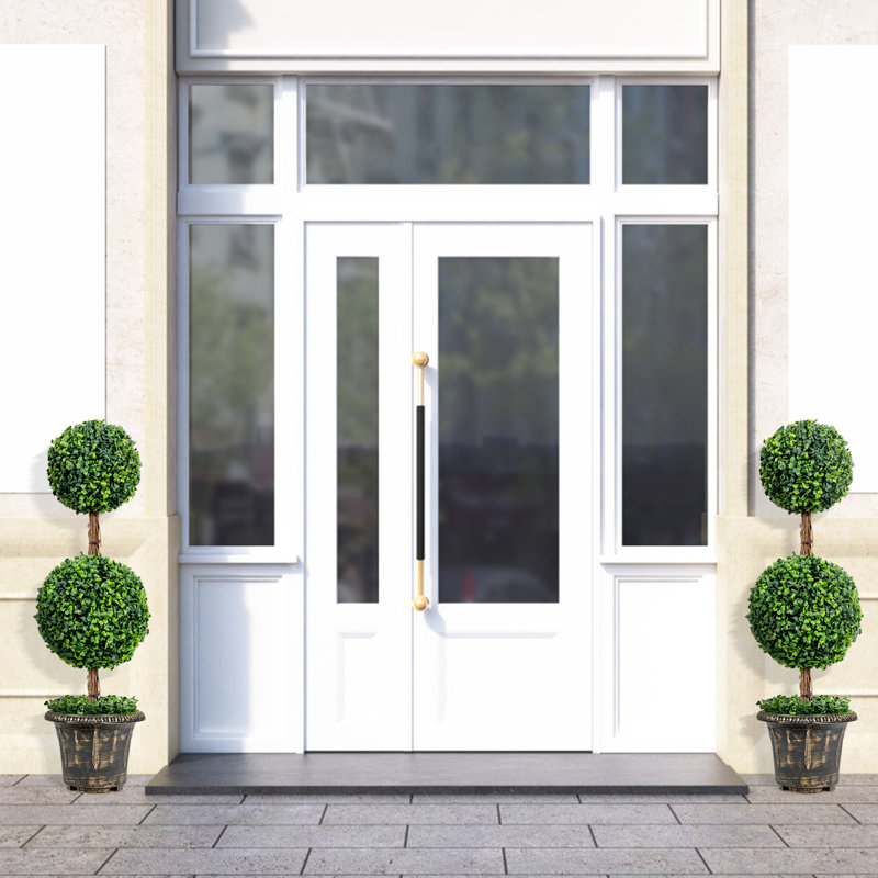 36'' Green Plastic Double Ball Topiary in Cement Pot