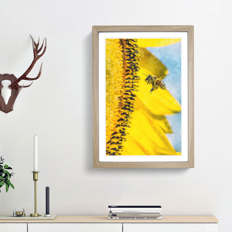 Busy Bee & Yellow Flower - Picture Frame Graphic Art Print, 45cm H x 33cm W x 2cm D, Oak Framed