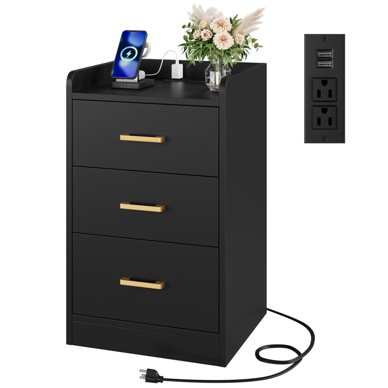 Bettylee 3-Drawer Nightstand with Charging Station, Black, Individual