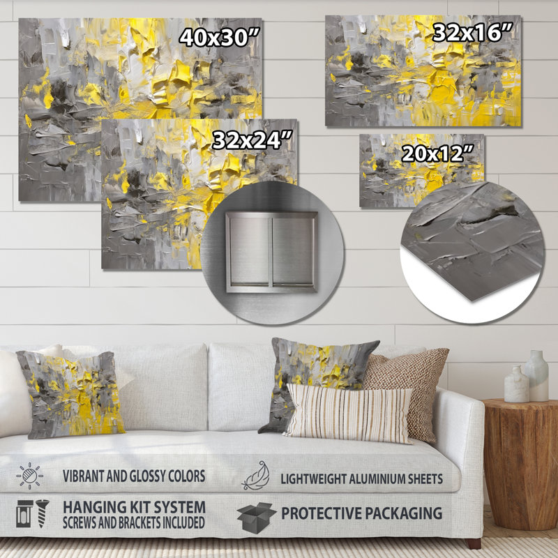 Intense réverbération jaune gris - art mural abstrait, Métal métal, H 12 po x l 20 po