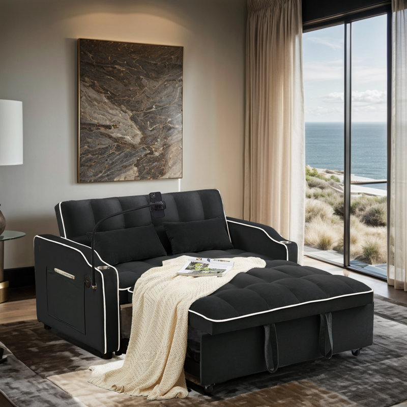 Teija 55'' Velvet Sleeper Sofa, Black Velvet