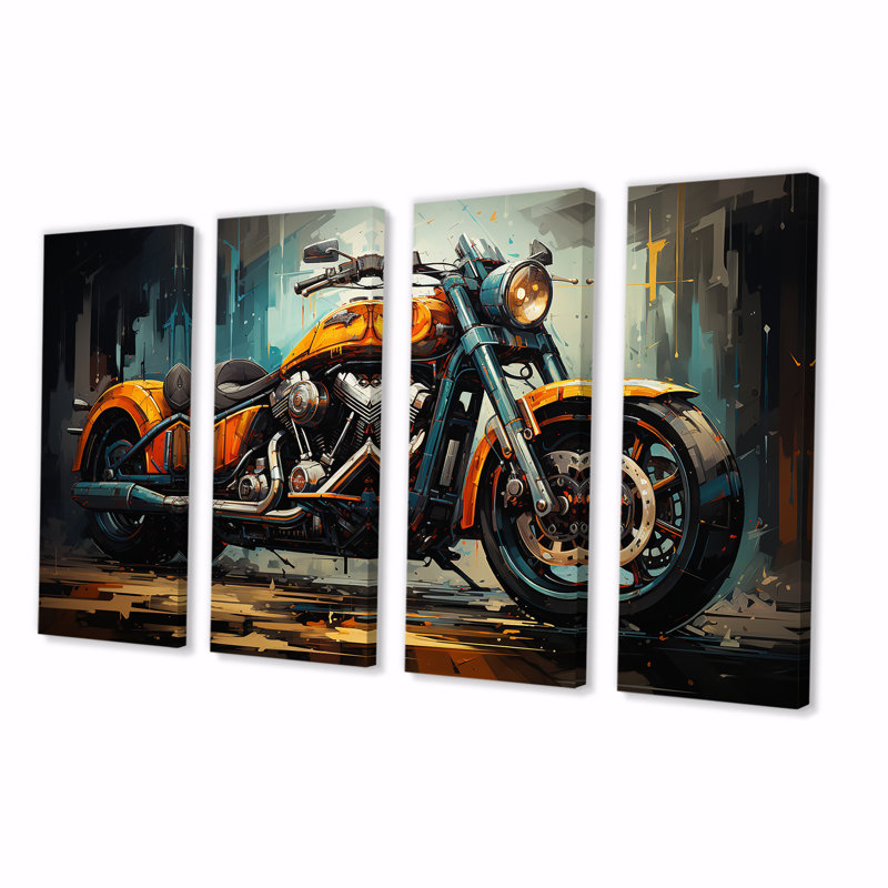Motocyclette classique jaune et noir I - Moto, art mural 4 pièces, H 28 po x l 48 po