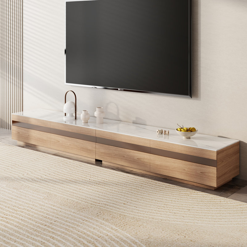 Modern Light Wood TV Stands, Stone Table-top, 3-6 Drawers, Fully Assembled, 12" H x 94.5" W x 15.7" D