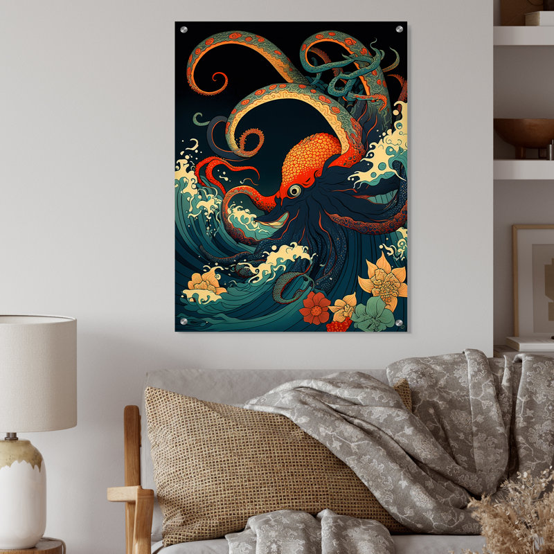 Paysage japonais avec pieuvre V - Japon, décoration murale acrylique, H 20 po x l 12 po