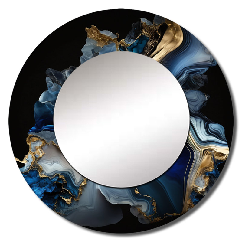 Orfhlaith abstrait Geode Marble Blue II - miroir mural en marbre, miroir décoratif rond moderne, impression d'art en métal