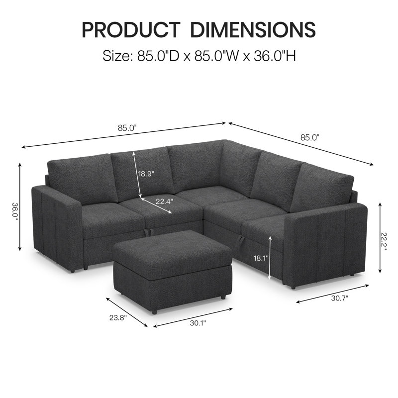 Ensemble de canapé modulaire en L Aubade, Chenille grise foncée