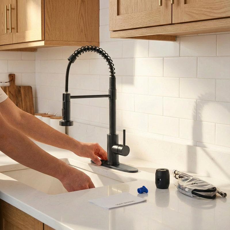 Industrial 1-Handle Spring Spout Kitchen Faucet With Pull Down Sprayer, Matte Black, Single Hole Deck Mount For Kitchen Bar Sinks