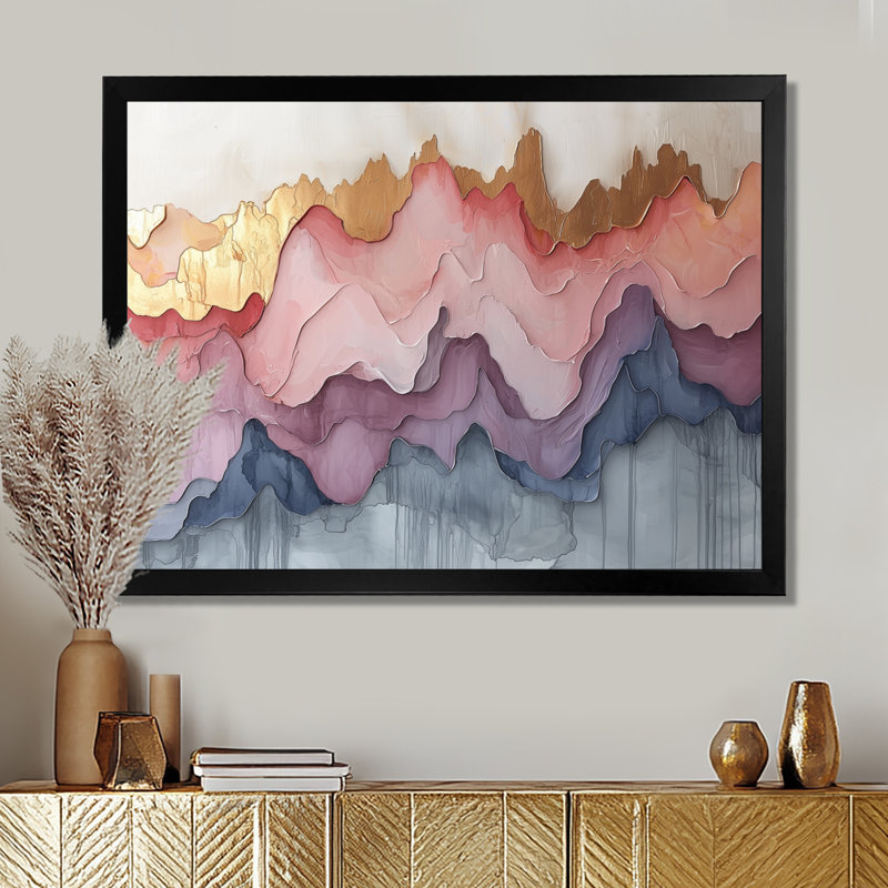«Abstract Gold and Pink Ink River», art mural abstrait à encre liquide abstraite, H 12 po x l 20 po, Cadre simple, Noir