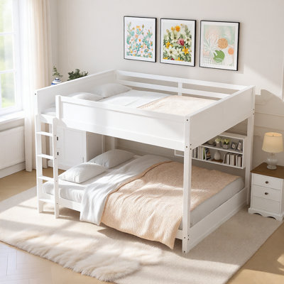 Queen over Queen Solid Wood Bunk Bed with Storage Cabinets and Built-in USB Ports, Space-Saving Design with Guardrails, No Box Spring Needed