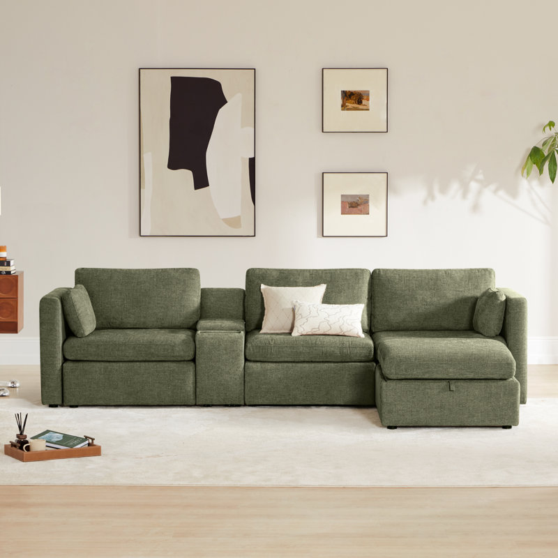Winfree 4- Piece Upholstered Sectional With Console, Moss Green Polyester