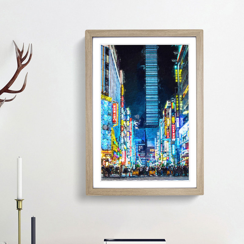 Bright Lights of Tokyo in Abstract - Picture Frame Graphic Art Print, 48cm H x 36cm W x 2cm D, Oak Framed
