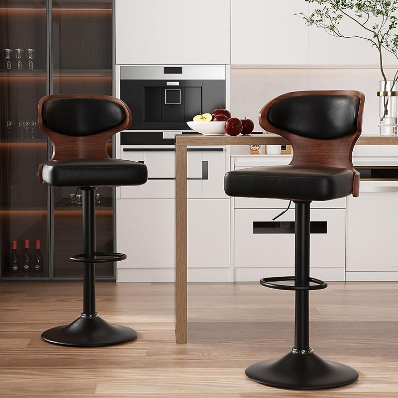 Tabourets de bar pivotants avec dossier Olivetti, Noir, Noir, 4