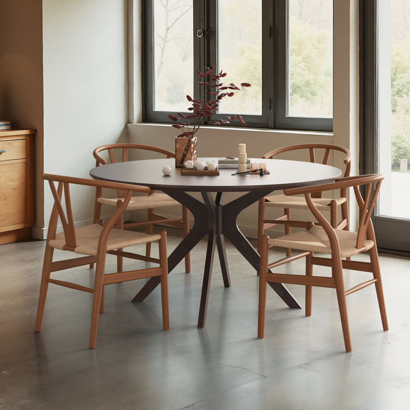 4 Person Round Dining Sets, Walnut/Beige