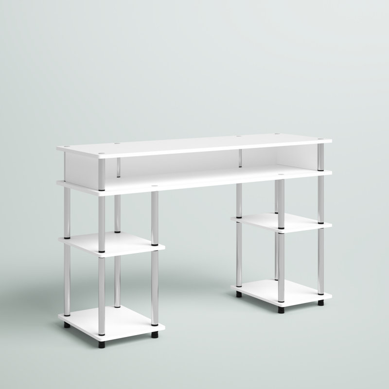 Edwin No Tools Writing Desk with Shelves, White/Silver Poles