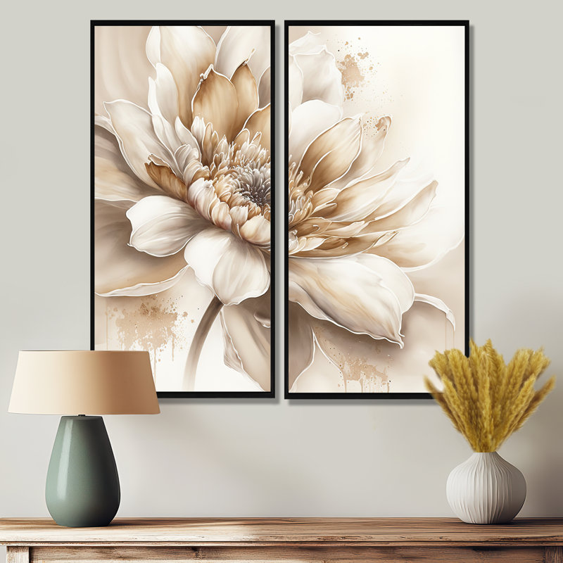 Fleur beige simple III - décoration murale beige 2 pièces, H 20 po x l 24 po, Reproduction encadrée sans passe-partout, Noir