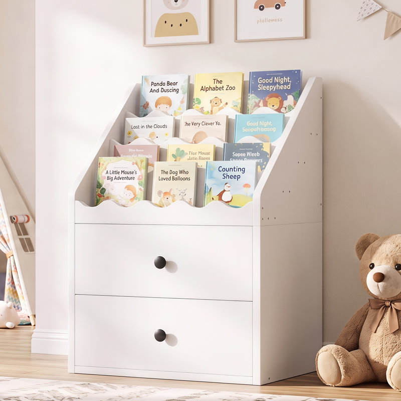 Bibliothèque pour enfants à 4 niveaux avec tiroirs, tablette de présentation de livres pour chambre d'enfant, salle de jeux, chambre de bébé