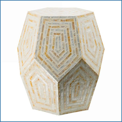 Hexagonal Capiz Stool | Versatile Indoor Stool/Side Table | Decorative Multi-Facet Frame | Cream/Yellow | MDF