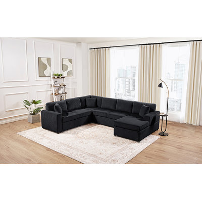 Oversized Sectional Sofa 115.3" U-Shaped Sofa With A Chaise Lounge And Three Soft Throw Pillows For Living Room, Black