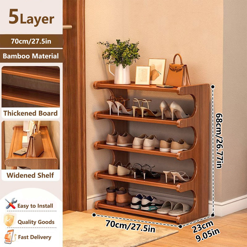 Space-saving bamboo shoe rack - 5-story, independent organizer with wood grain finish, dormitory and entrance, easy to assemble, brown