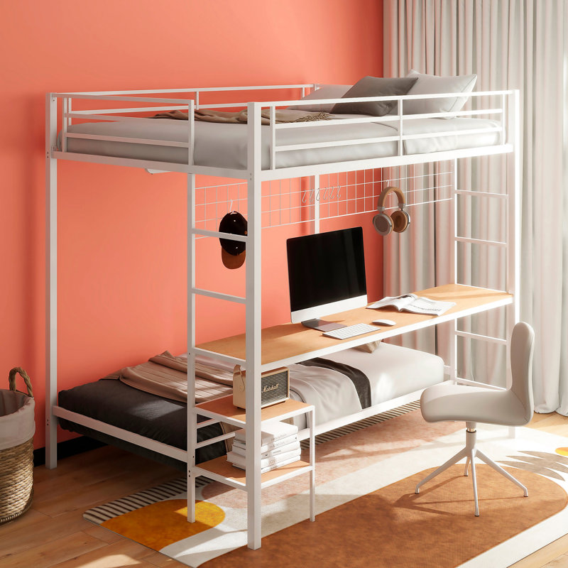 Matte White Full Over Twin Workstation Bunk Bed, Lower Mesh Siding, Integrated Desk, Dual Ladders For Study Bed With Finish, Guardrails, Built - In Bedroom