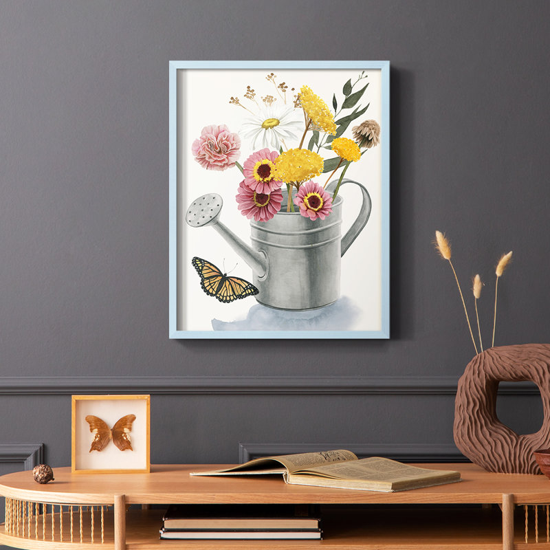 «Watering Can Bouquet I», reproduction encadrée - bois massif, Bleu, H 10 po x l 8 po