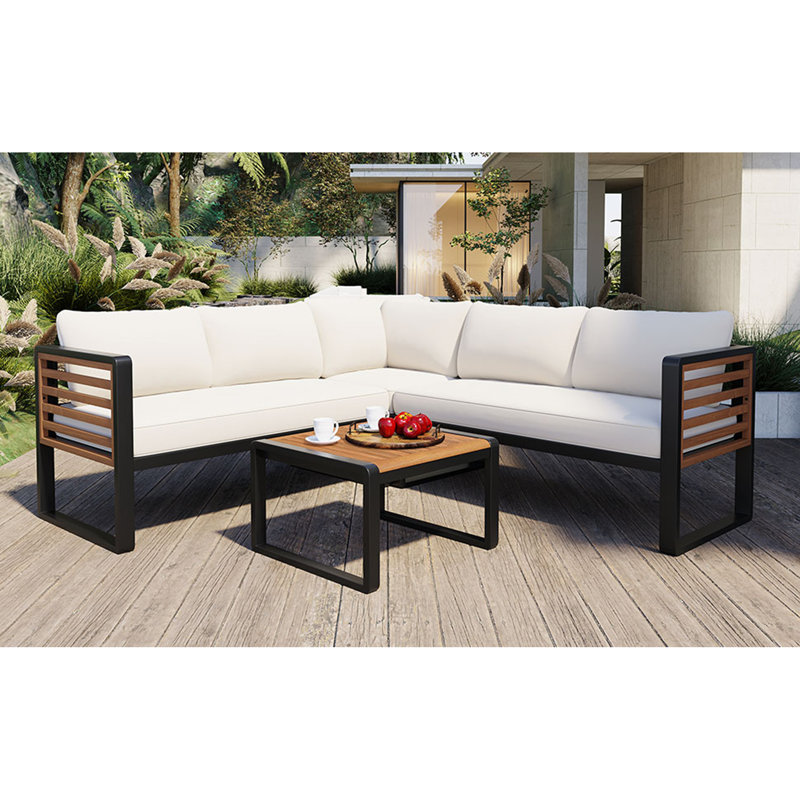 Ensemble de canapé de patio en L 4 pièces avec tables basses, Beige