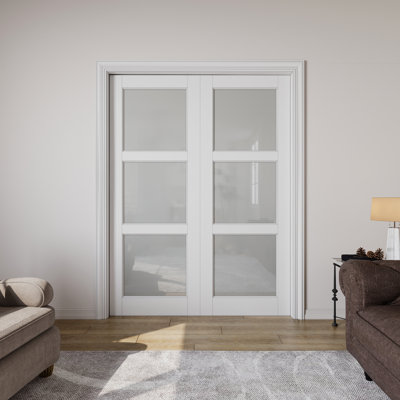 3-Lite Frosted Glass Pocket Door Pantry Solid Core Sliding Closet Door Double Sliding Pocket Door With Hardware Kit