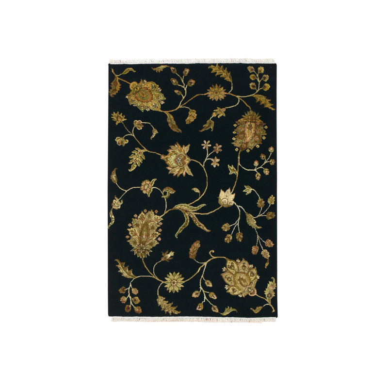 Tapis oriental noir 4 pi x 6 pi, motif botanique sans bordure, mi-laine et mi-soie, tissé dense, velours doux, noué à la main
