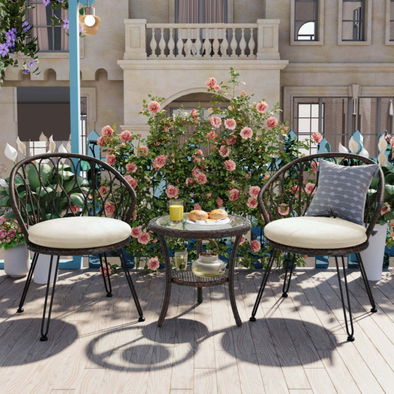 3-Piece Outdoor Rattan Bistro Set, 2 Wicker Chairs & Round Glass Table for Patio, Balcony & Courtyard
