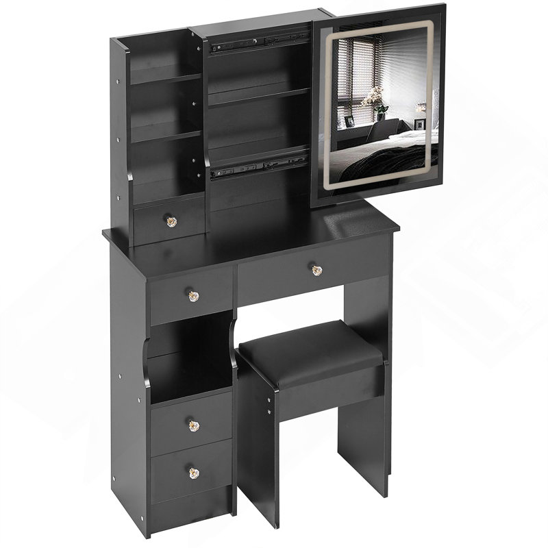 29.2" Small Size Left Drawer Desktop Vanity Table With Cushioned Stool,Large Sliding,Touch-Control,, Black