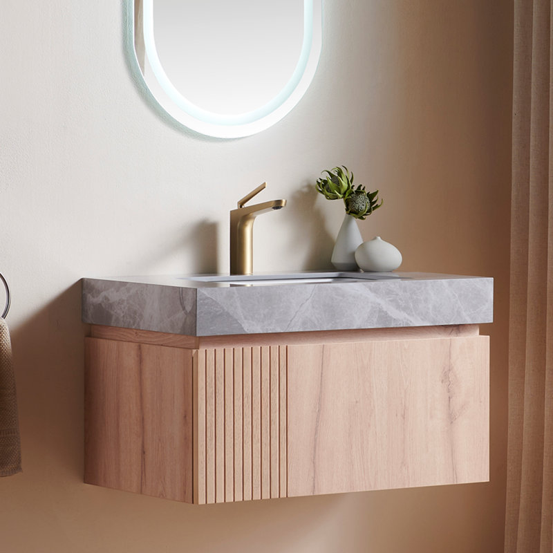 Luxstone Modern Luxury Vanity with Sintered Stone Countertop and Ceramic Basin, White Oak, 30", Light Gray
