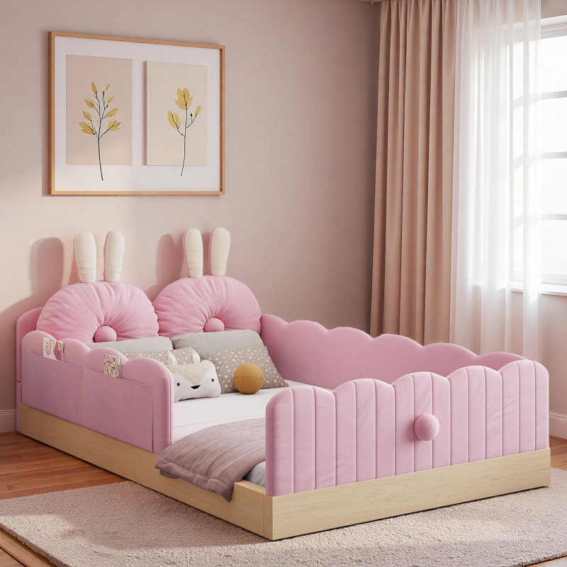 Upholstered Platform Bed With Animal-shaped Pillows And Storage Bags, Pink