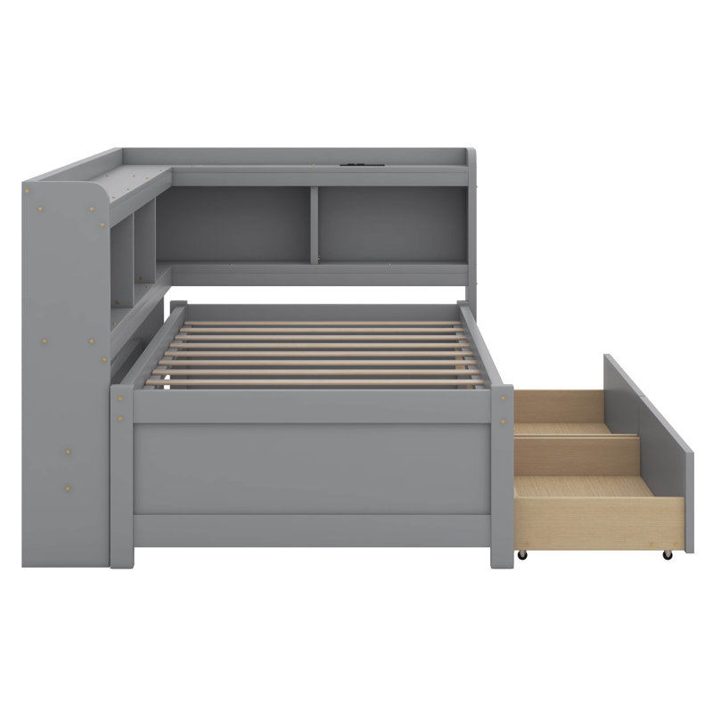 Lit de jour simple avec tiroirs, base de lit en bois massif avec bibliothèque en L, prises de courant et ports de charge USB