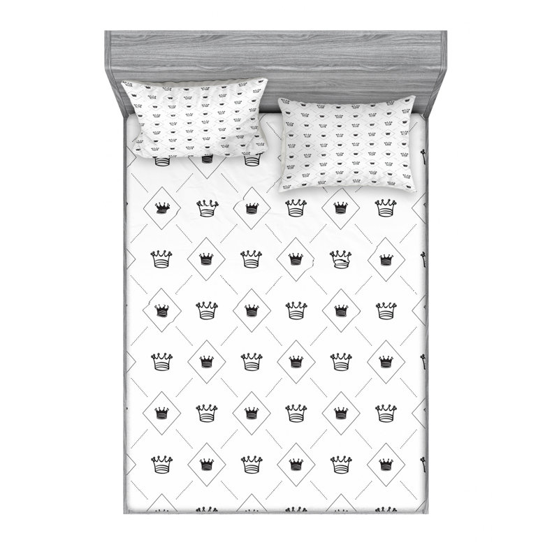 Microfiber Sheet Set, Full/Double Sheet Set with Fitted Sheet, Modern Motif Crowns Geometric