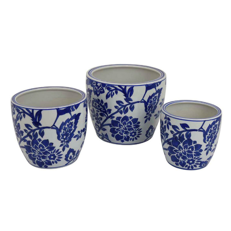 Ensemble de 3 jardinières de jardin, motif floral bleu céramique classique