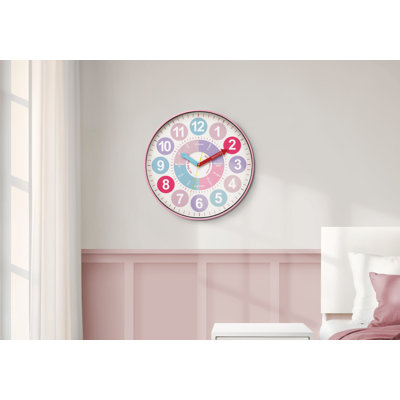 Clocks, 18" Round, Juvenile, Wall Clock, Multi-colored Face, Pink Frame, Contemporary, Modern
