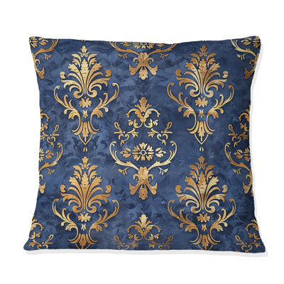 Royal Gold Blue Traditional Damask II - Coussin décoratif traditionnel