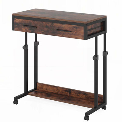 Bureau d'ordinateur portable portatif avec tiroir et roulettes, bureau à roulettes à hauteur réglable avec tablette de rangement