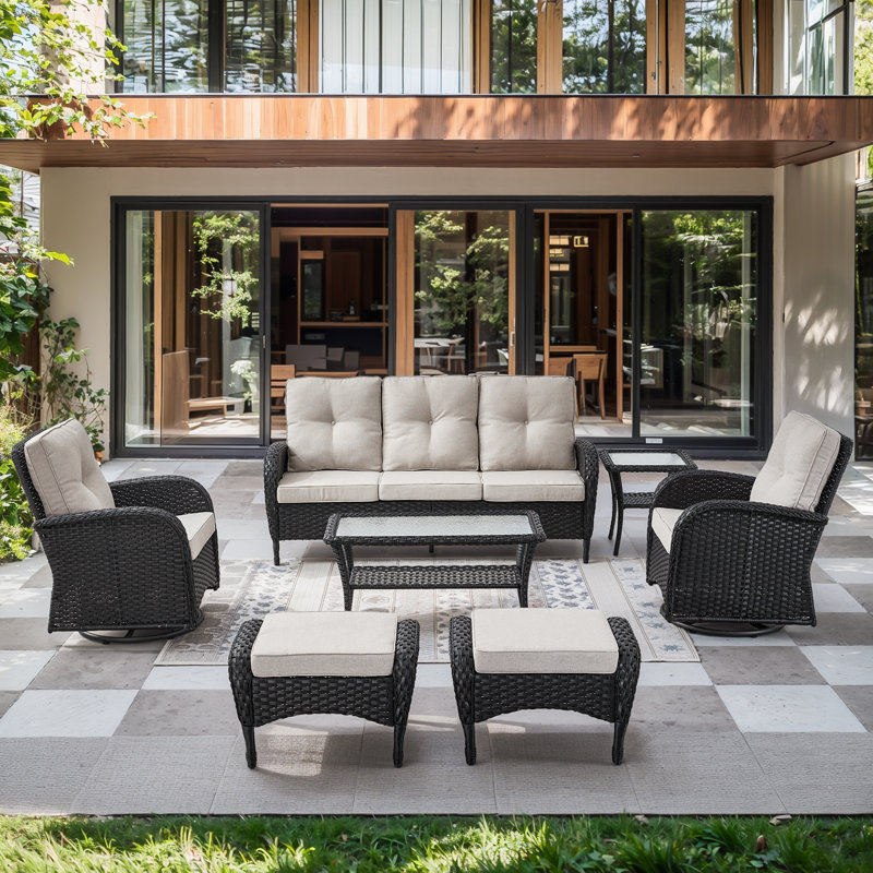 Aluel 5-Person Outdoor Wicker Sofa Seating Group With Cushions And Ottomans